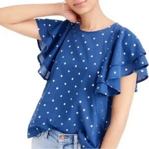 J Crew/Jeans navy cotton top with ruffled sleeves & silver polka dots, size S
